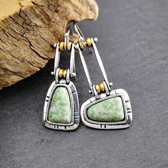 Geometric Metal Inlay green Jade Silver Plated Women's Drop Earrings - Picture 1 of 4